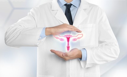 Doctor demonstrating virtual icon with illustration of female reproductive system on light background, closeup. Gynecological care 