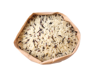 Mix of brown and polished rice in paper bag isolated on white, top view