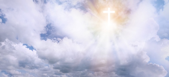 Cross silhouette in sky with clouds, banner design. Resurrection of Jesus