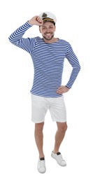 Happy sailor wearing cap on white background