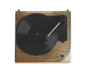 Modern vinyl record player with disc isolated on white, top view