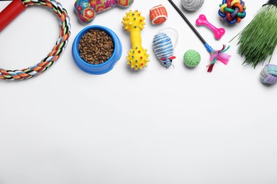 Different pet toys and feeding bowl on white background, top view. Space for text