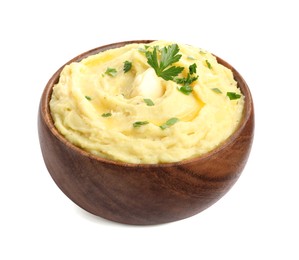 Bowl of freshly cooked mashed potatoes with parsley isolated on white