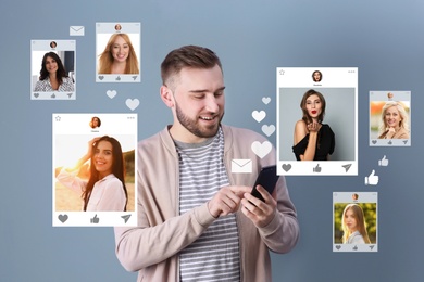 Image of Handsome man visiting online dating site via smartphone on color background