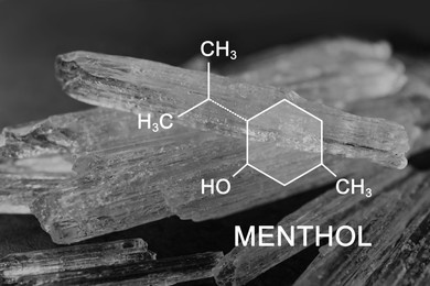 Illustration of chemical formula and menthol crystals on grey background, closeup view 