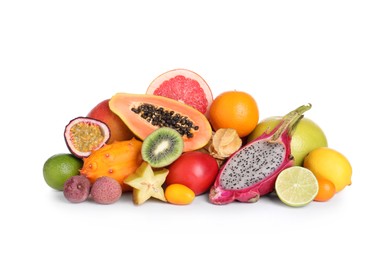 Different ripe exotic fruits on white background