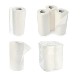 Set of paper towels on white background