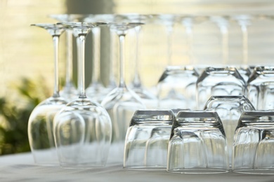 Set of empty glasses on table indoors