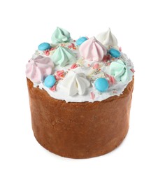 Photo of Traditional Easter cake with sprinkles and meringues isolated on white