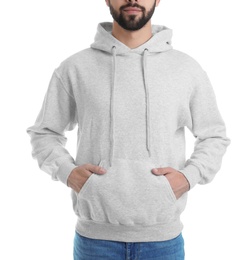 Young man in sweater isolated on white, closeup. Mock up for design