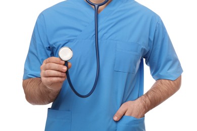 Doctor with stethoscope on white background, closeup. Cardiology concept