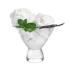 Delicious ice cream with mint and vanilla in glass dessert bowl isolated on white