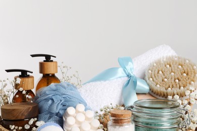 Photo of Spa gift set with different personal care products on white background, closeup