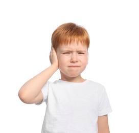 Photo of Little boy suffering from ear pain on white background