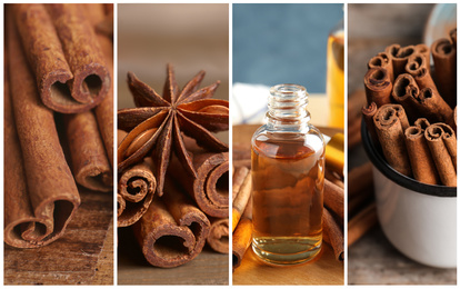 Image of Collage of different photos with aromatic cinnamon