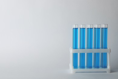 Test tubes with blue liquid on light grey background. Space for text