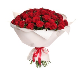 Luxury bouquet of fresh red roses isolated on white