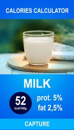 Weight loss concept. Calories calculator app with image of milk and its caloric content