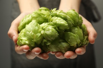 Photo of Woman holding pile of fresh ripe hops on grey background, closeup