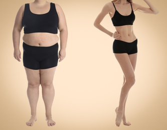 Image of Slim and overweight women on beige background, closeup