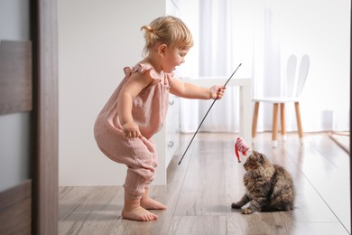 Cute little child playing with adorable pet at home