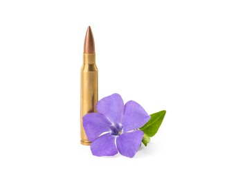 Bullet and beautiful flower on white background. Peace instead of war