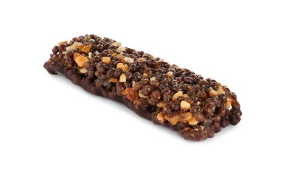 Photo of Protein bar with chocolate isolated on white. Healthy snack