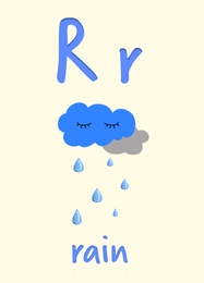 Learning English alphabet. Card with letter R and rain, illustration