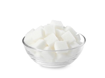 Bowl of sugar cubes isolated on white