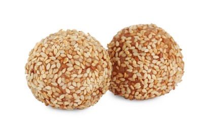 Photo of Two delicious sesame balls on white background