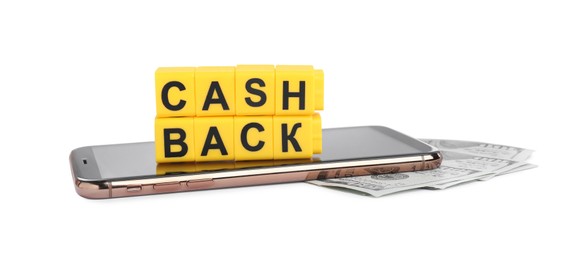 Yellow cubes with word Cashback, money and smartphone on white background