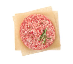 Raw hamburger patty with rosemary and spices on white background, top view