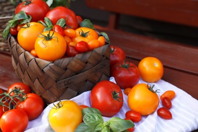 Different sorts of tomatoes on wooden bench