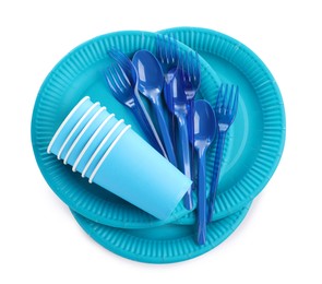 Set of disposable tableware on white background, top view