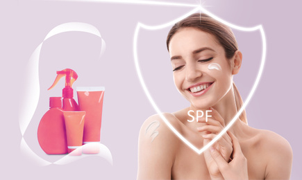 Image of SPF shield and beautiful young woman with healthy skin on pink background. Sun protection cosmetic product
