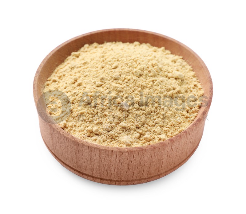 Photo of Aromatic mustard powder in wooden bowl on white background