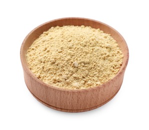 Photo of Aromatic mustard powder in wooden bowl on white background