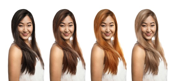 Image of Collage with photos of beautiful Asian woman with different hair colors on white background. Banner design