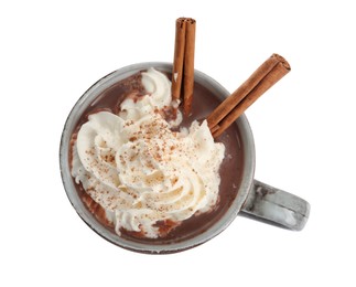 Cup of delicious hot chocolate with whipped cream and cinnamon sticks isolated on white, top view