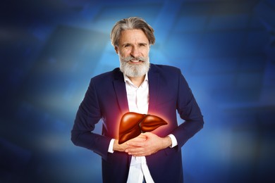 Sick mature man suffering from pain and illustration of inflamed liver on color background. Hepatitis disease