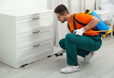 Pest control worker spraying insecticide near chest of drawers indoors