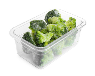 Frozen broccoli florets in plastic container isolated on white. Vegetable preservation
