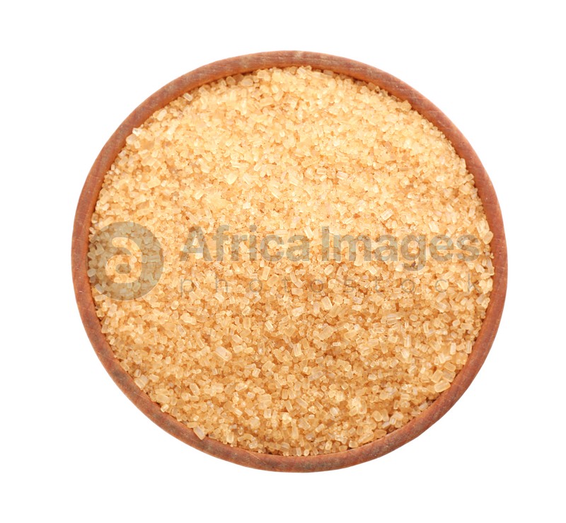 Bowl with brown sugar isolated on white, top view