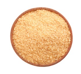 Photo of Bowl with brown sugar isolated on white, top view