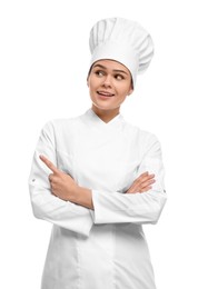 Photo of Happy female chef wearing uniform and cap on white background