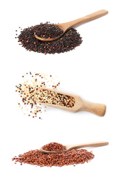 Set with different types of quinoa on white background