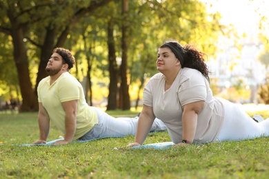 Overweight couple training together in park on sunny day