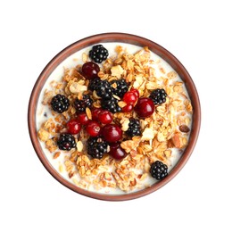 Photo of Bowl of healthy muesli with milk and berries isolated on white, top view