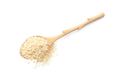 Wooden spoon with sesame seeds on white background, top view