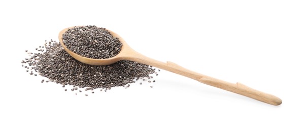 Photo of Wooden spoon with chia seeds on white background